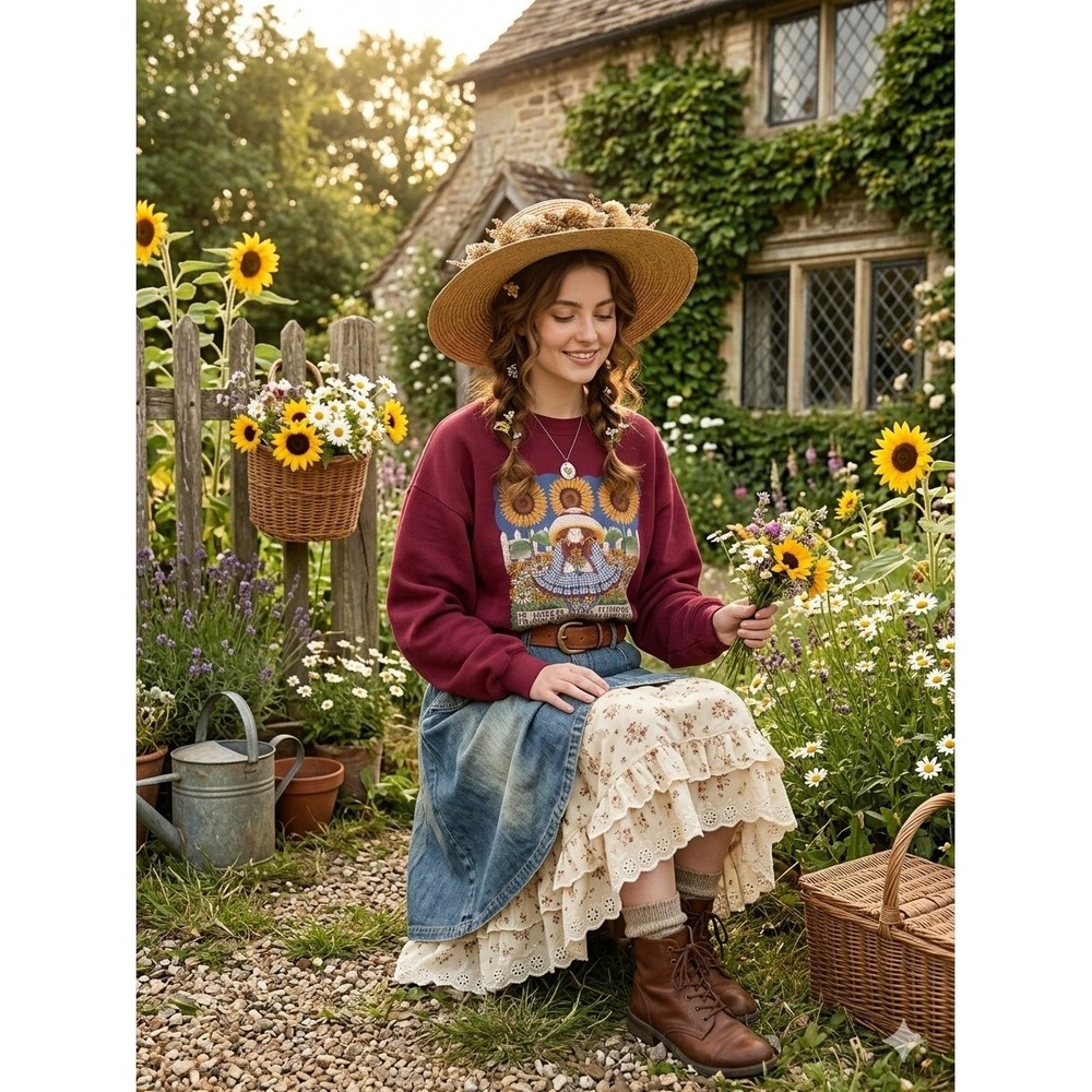 Vintage 90s Women's XL Sunflowers Sister Graphic Maroon Sweatshirt Cottagecore